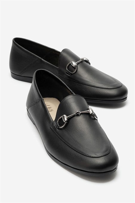 63-f03-13F03 Siyah Cilt Hakiki Deri Kadın Loafer Ayakkabı