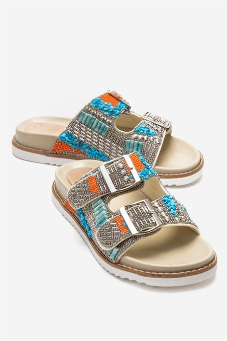 74-100-4-BEJLANSO Bej Taşlı Çift Bantlı Kadın Terlik