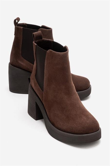 98-13877-1-KAHVERENGI SUETLYSA Kahverengi Süet Lastikli Hakiki Deri Kadın Platform Topuklu Bot