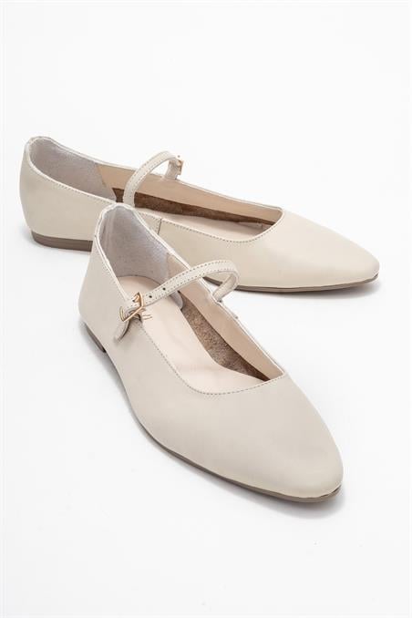 177-100-6-EKRULUNAIRE Ekru Hakiki Deri Tek Bantlı Sivri Burun Kadın Babet Ayakkabı