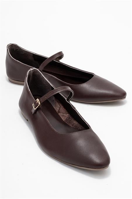 177-100-2-KAHVERENGILUNAIRE Kahverengi Hakiki Deri Tek Bantlı Sivri Burun Kadın Babet Ayakkabı