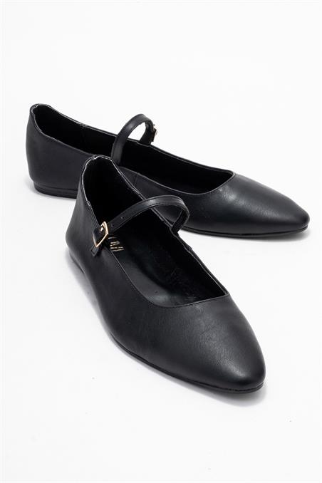 177-100-3-SIYAHLUNAIRE Siyah Hakiki Deri Tek Bantlı Sivri Burun Kadın Babet Ayakkabı