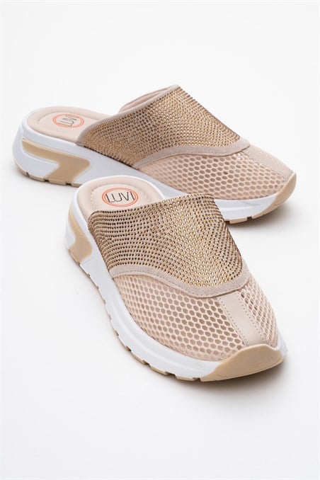 210-5144-2-BEJGLEA Bej Taşlı Fileli Burnu Kapalı Kadın Terlik