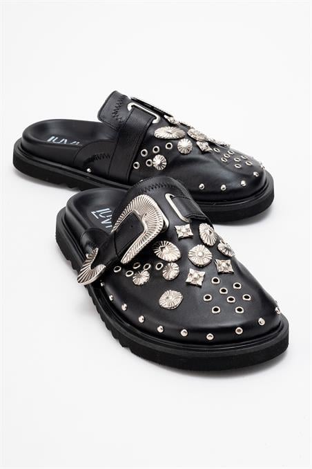 222-24066-2-SIYAH CILTMARİL Siyah Cilt Hakiki Deri Kemerli Tokalı Burnu Kapalı Kadın Terlik