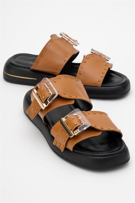 25-1065-2-TABAZLEY Taba Şeffaf Tokalı Kadın Terlik