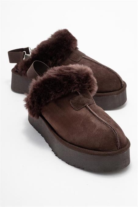 109-610-3-KAHVERENGI SUETOLESSA Kahverengi Hakiki Deri Süet Kadın Kürklü Terlik