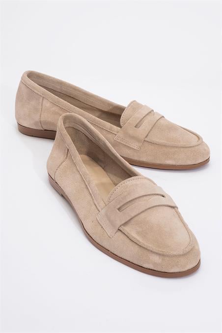 63-F02-43F02 Bej Süet Hakiki Deri Kadın Loafer Ayakkabı