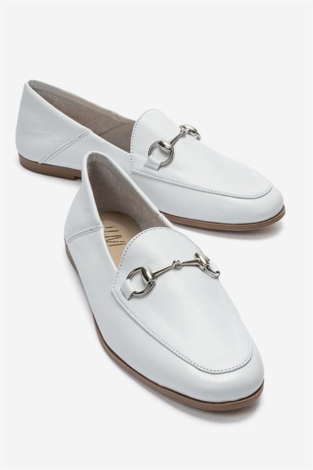 63-F03-17F03 Beyaz Cilt Hakiki Deri Kadın Loafer Ayakkabı