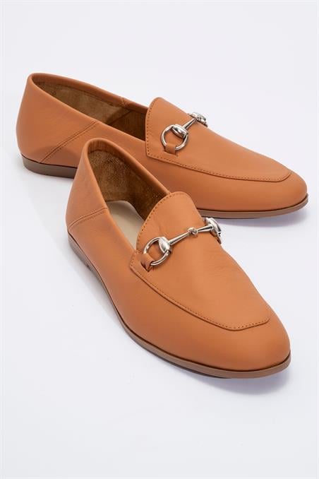 63-F03-21F03 Taba Cilt Hakiki Deri Kadın Loafer Ayakkabı