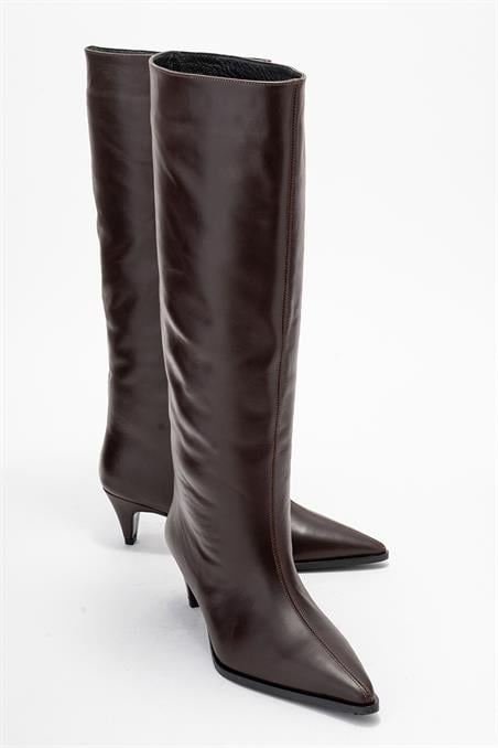 182-070-5-KAHVERENGI CILTSIORA Kahverengi Cilt Hakiki Deri Kadın Kısa Topuklu Çizme