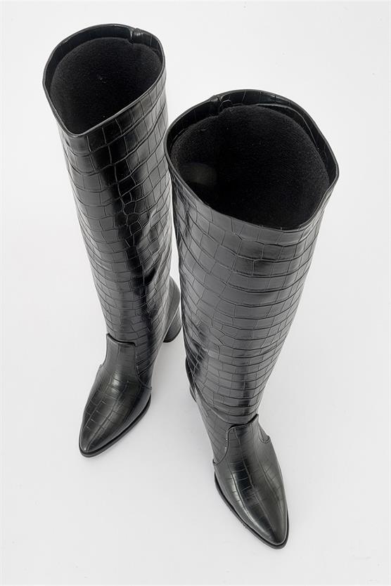 68-078-1-SIYAH BASKIBELİS Siyah Baskı Kadın Topuklu Çizme
