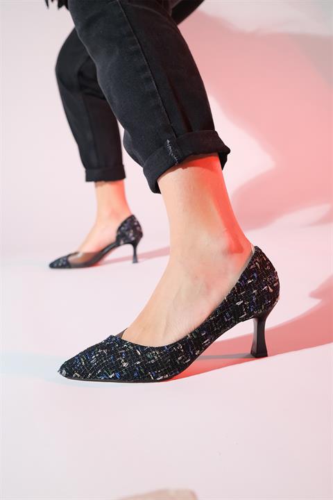 101-354-1-SIYAH RENKLI TUVITCHEVY Siyah Renkli Tüvit Şeffaf Kadın İnce Topuklu Ayakkabı