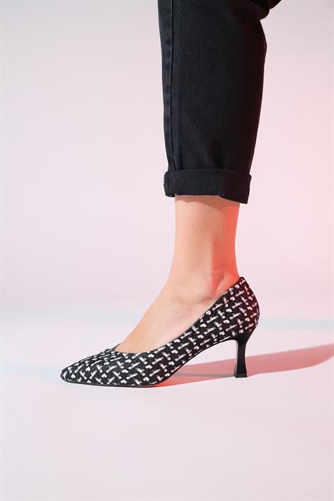 101-354-2-SIYAH/BEYAZ DESENLICHEVY Siyah-Beyaz Desenli Şeffaf Kadın İnce Topuklu Ayakkabı