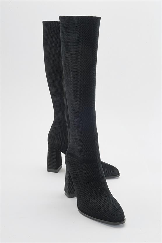 113-9082-7-SIYAH DESENLIDECER Siyah Desenli Kadın Topuklu Çizme