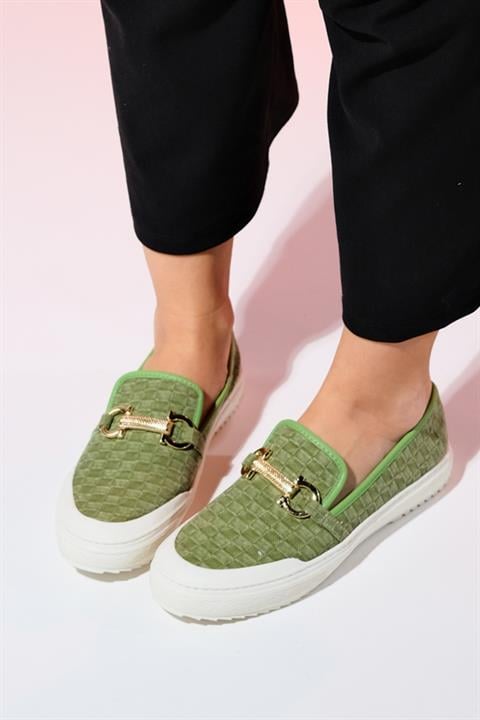 MARAKEŞ Yeşil Kot Tokalı Kadın Loafer Ayakkabı