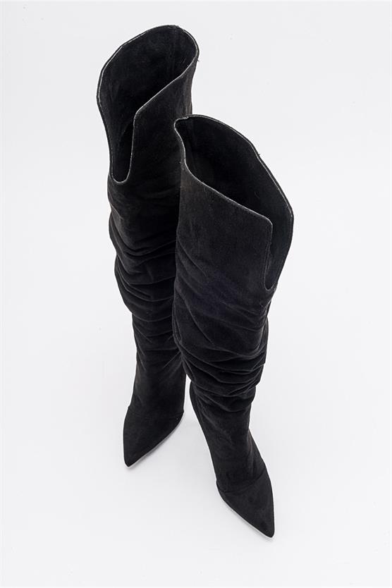 41-500-1-SIYAH SUETPOLİNA Siyah Süet Kadın Topuklu Çizme