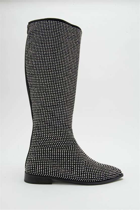 103-03-1-SIYAH/GUMUS TASLIVERANO Siyah Gümüş Taşlı Kadın Çizme