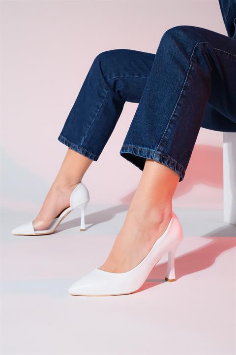 101-653-3653 Beyaz Cilt Topuklu  Kadın Ayakkabı