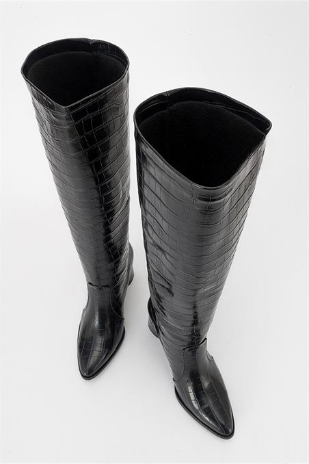 68-078-4-LACI BASKIBELİS Koyu Lacivert Baskı Kadın Topuklu Çizme