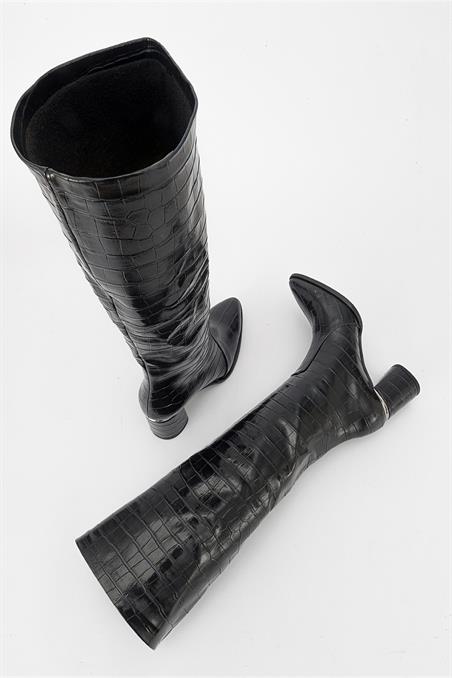 68-078-4-LACI BASKIBELİS Koyu Lacivert Baskı Kadın Topuklu Çizme