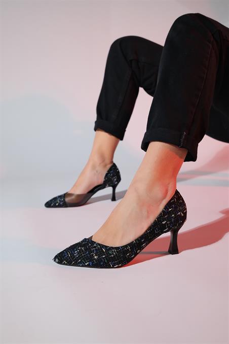 101-354-1-SIYAH RENKLI TUVITCHEVY Siyah Renkli Tüvit Şeffaf Kadın İnce Topuklu Ayakkabı