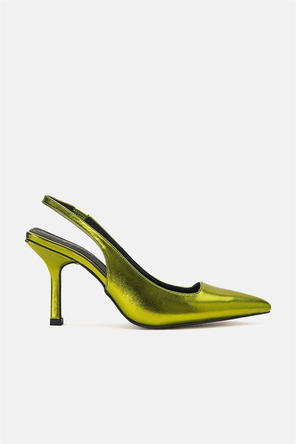 71-7118-3-YESILFERRY Yeşil Metalik Kadın Topuklu Ayakkabı