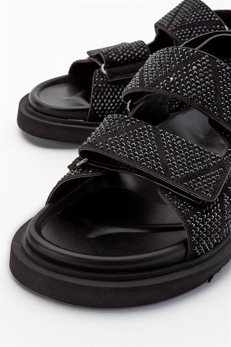 222-22005-2-SIYAHMELLOM Siyah Kadın Taşlı Sandalet