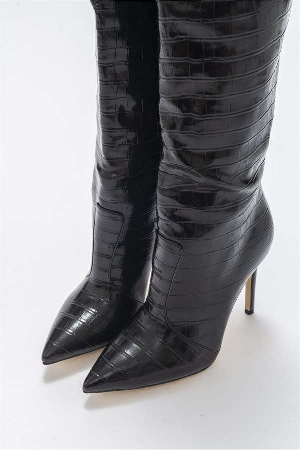 200-02-1-SIYAH BASKINAVY Siyah Baskılı Kadın Topuklu Çizme