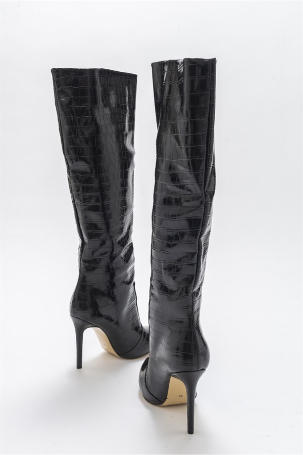 200-02-1-SIYAH BASKINAVY Siyah Baskılı Kadın Topuklu Çizme