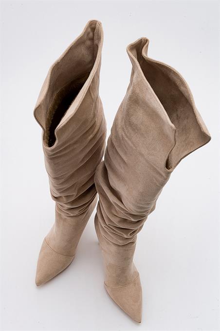 41-500-3-BEJ SUETPOLİNA Bej Süet Kadın Topuklu Çizme