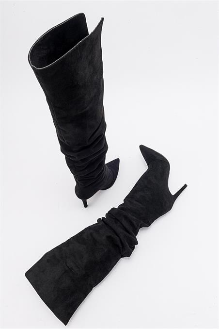 41-500-1-SIYAH SUETPOLİNA Siyah Süet Kadın Topuklu Çizme