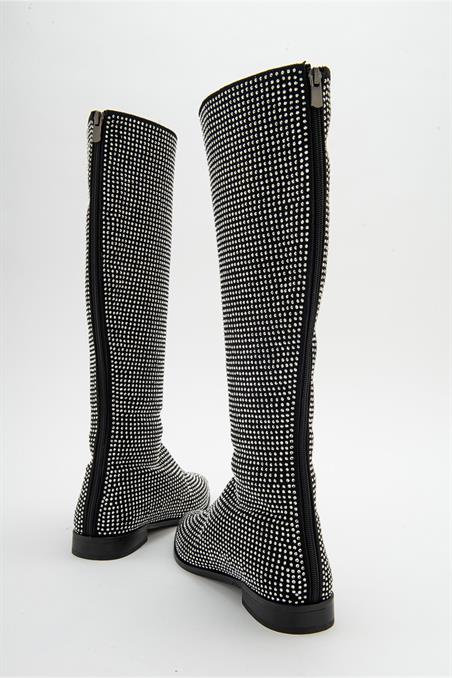 103-03-1-SIYAH/GUMUS TASLIVERANO Siyah Gümüş Taşlı Kadın Çizme