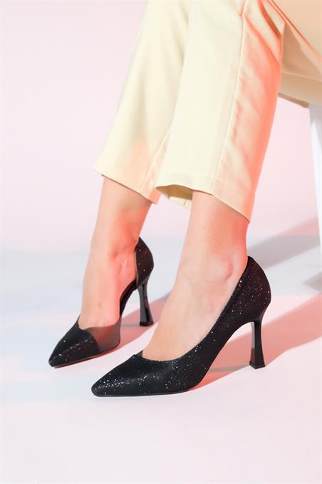 101-653-7653 Siyah Simli Topuklu  Kadın Ayakkabı