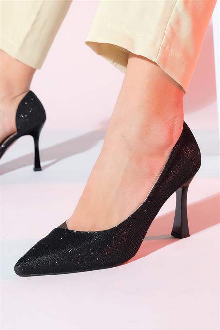 101-653-7653 Siyah Simli Topuklu  Kadın Ayakkabı