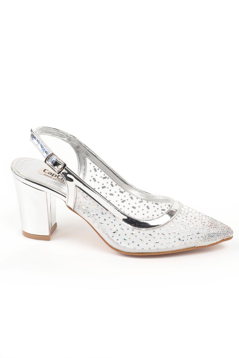 Capone 145 Block Heel Cristal Embellished Slingback Women Silver Shoes