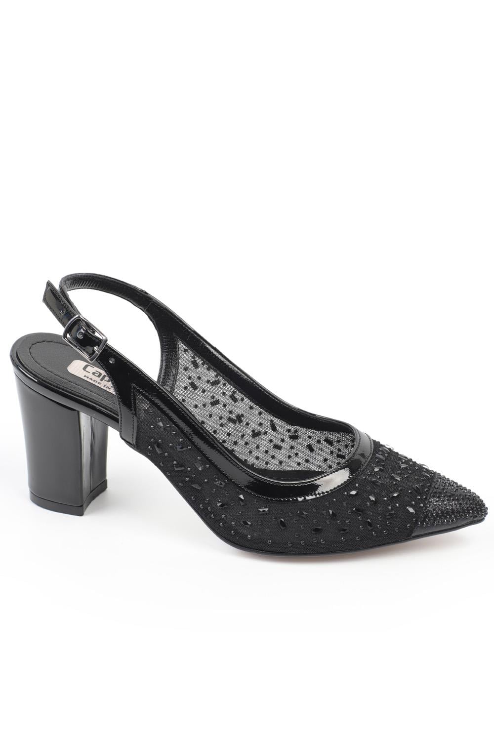 Capone 145 Block Heel Cristal Embellished Slingback Women Black Shoes