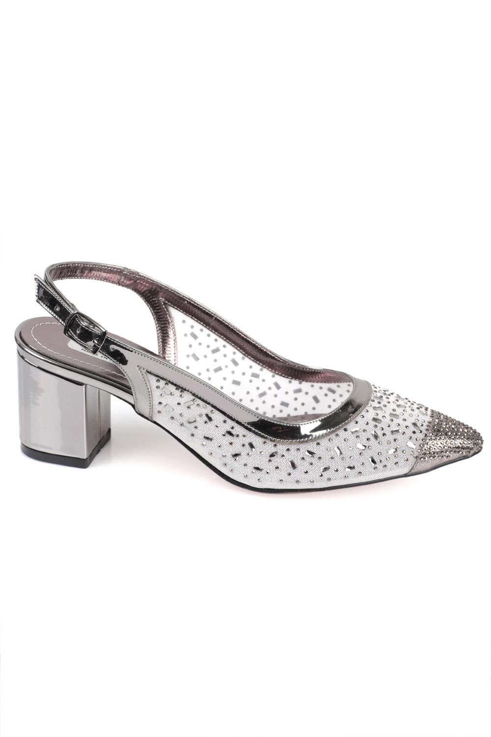 Capone 145 Block Heel Cristal Embellished Slingback Women Platinum Shoes