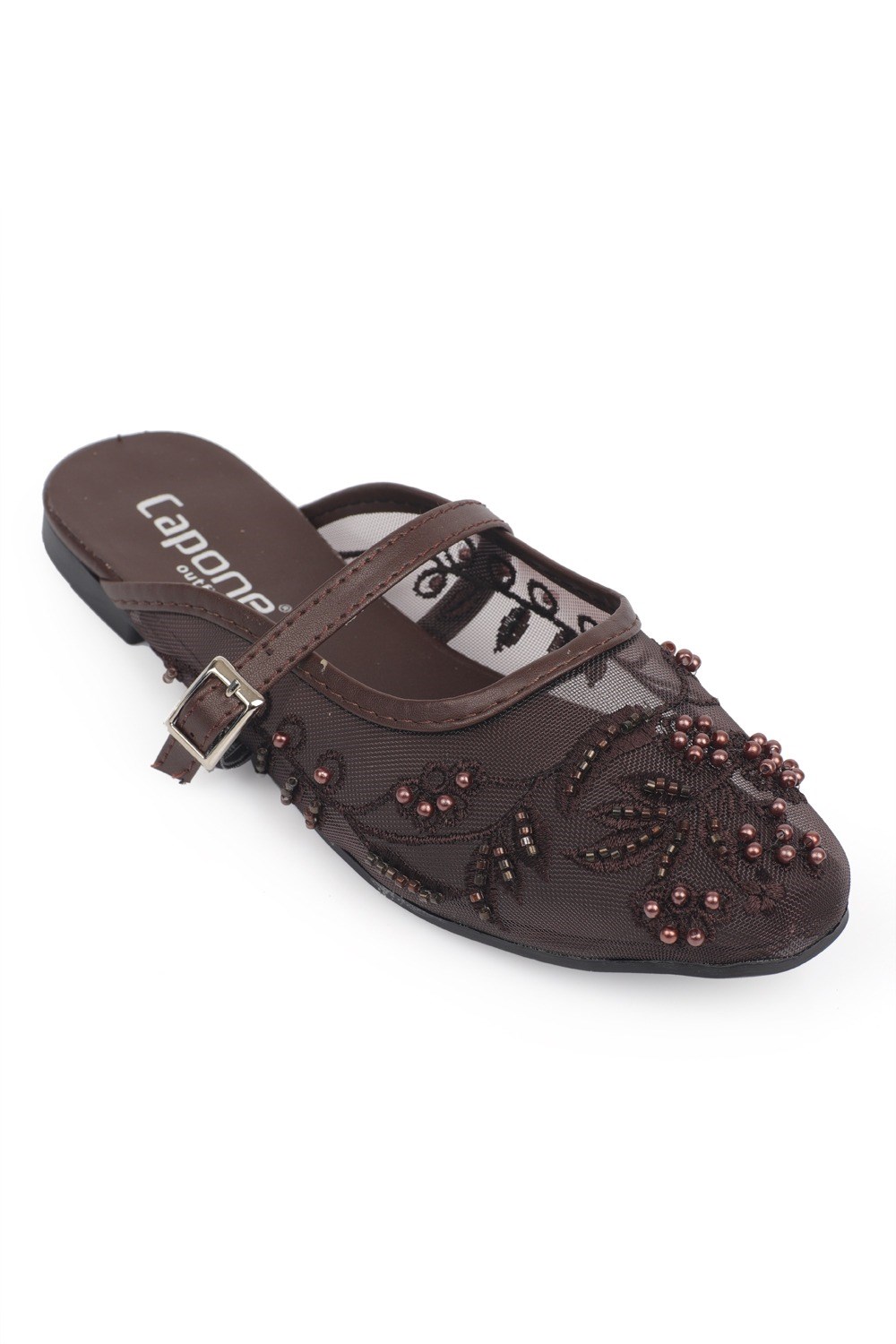 Capone Avie Lace Mesh Embroidered Women Brown Mule