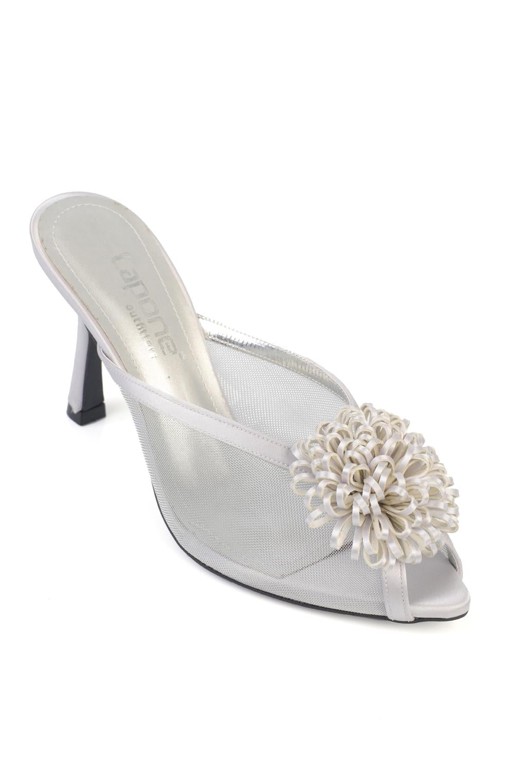 Capone Caitrin Mesh Satin Mid Heel Elegant Women Silver Sandal