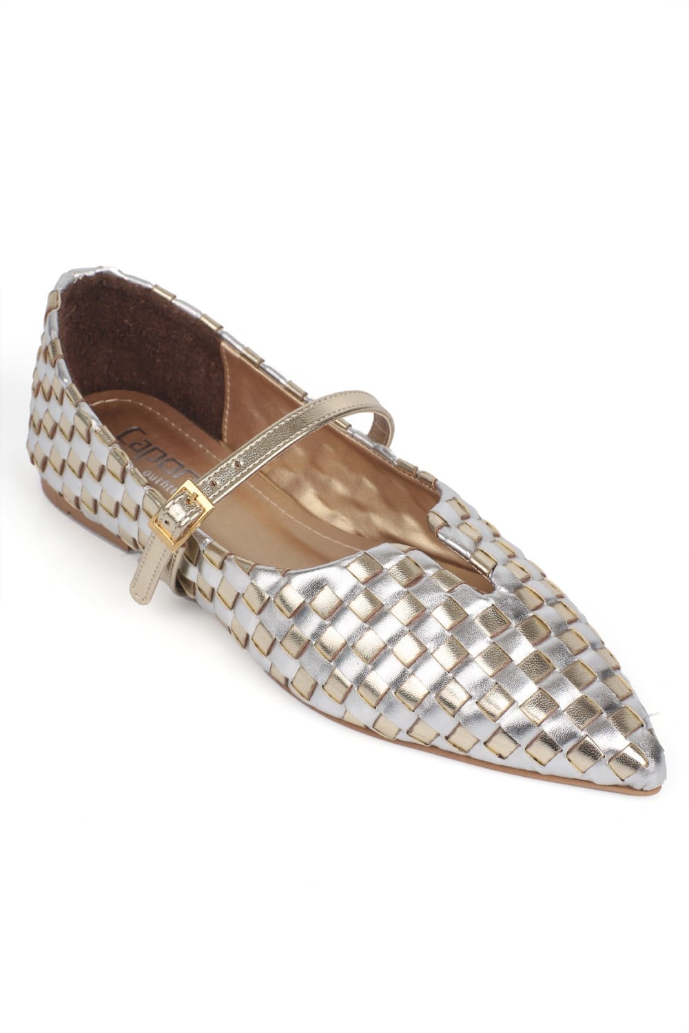 Capone Carry Suede Look Handwoven Pointed Toe Buckle Women Gold Ballet Flat