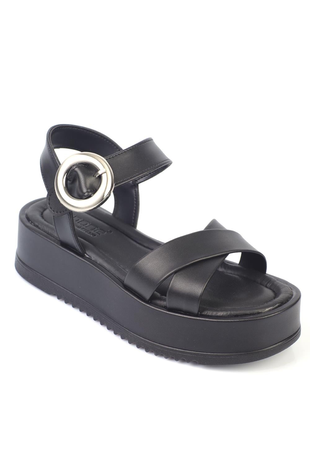 Capone Cross Strap Comfort Buckle Wedge Heel Women Black Sandals