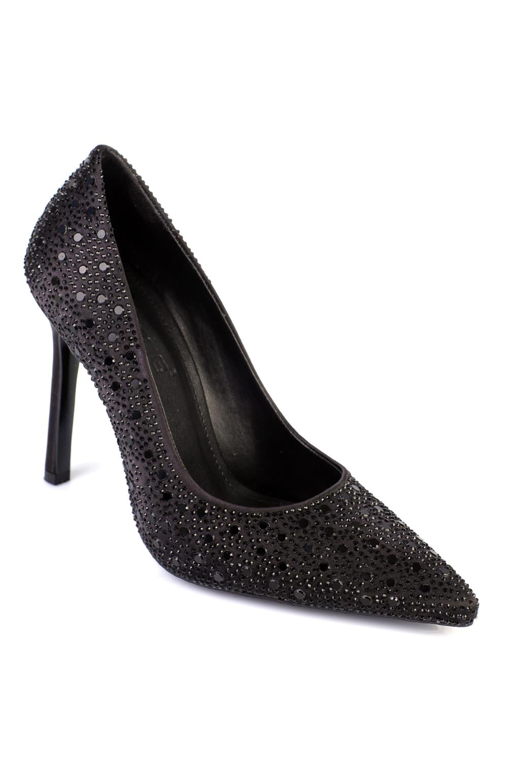 Capone Crystal Embellished High Heeled Satin Women Satin Black Stiletto