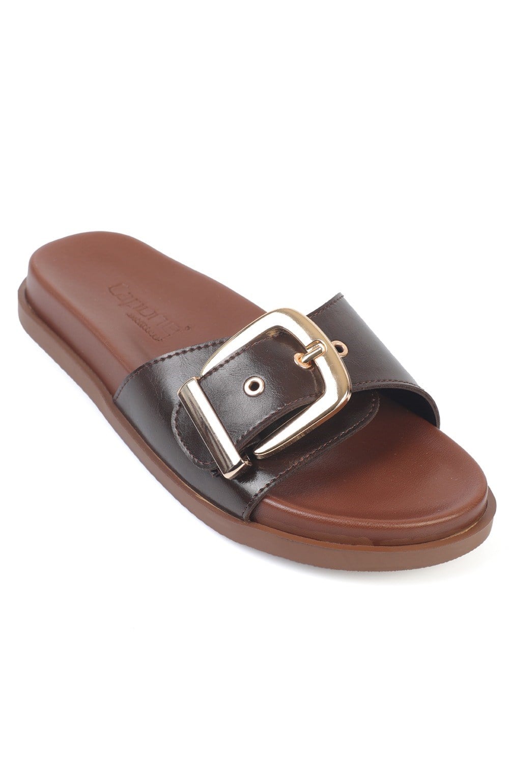 Capone Cybelle Flat Heel Single Band Metal Buckle Women Brown Sandal