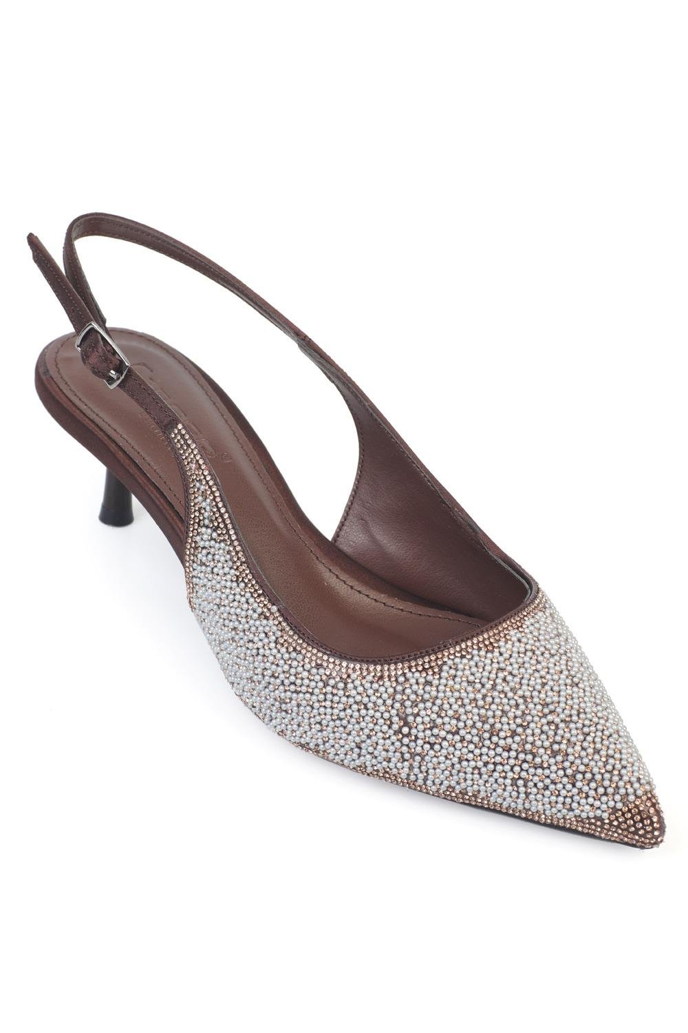 Capone Denyse Fully Crystal Embellished Pointed Toe Satin Slingback Women  Wedding Heel Shoe