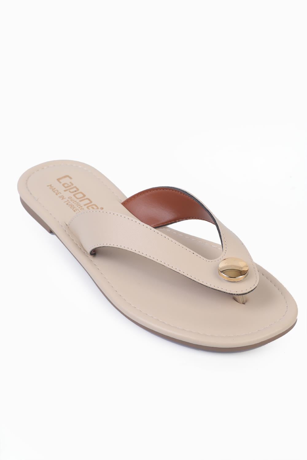 Capone Flat Heel Metal Accessory Round Thong Toe Women Beige Sandals