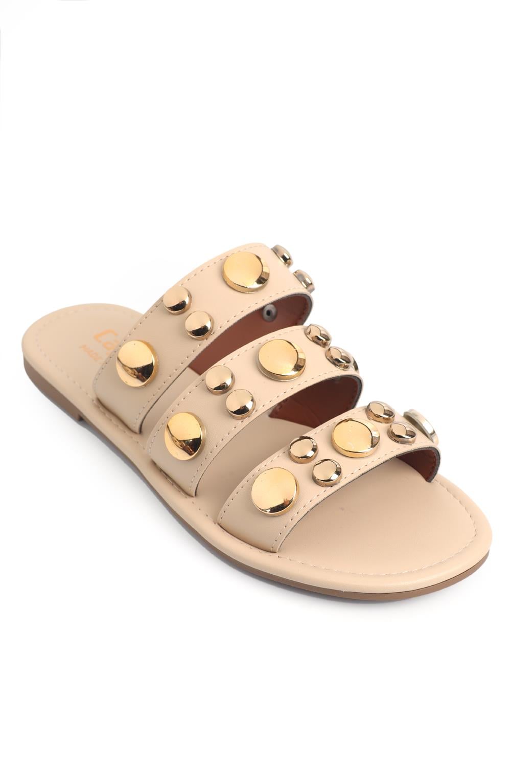 Capone Flat Heel Metal Accessory Round Toe Strap Women Beige Sandals