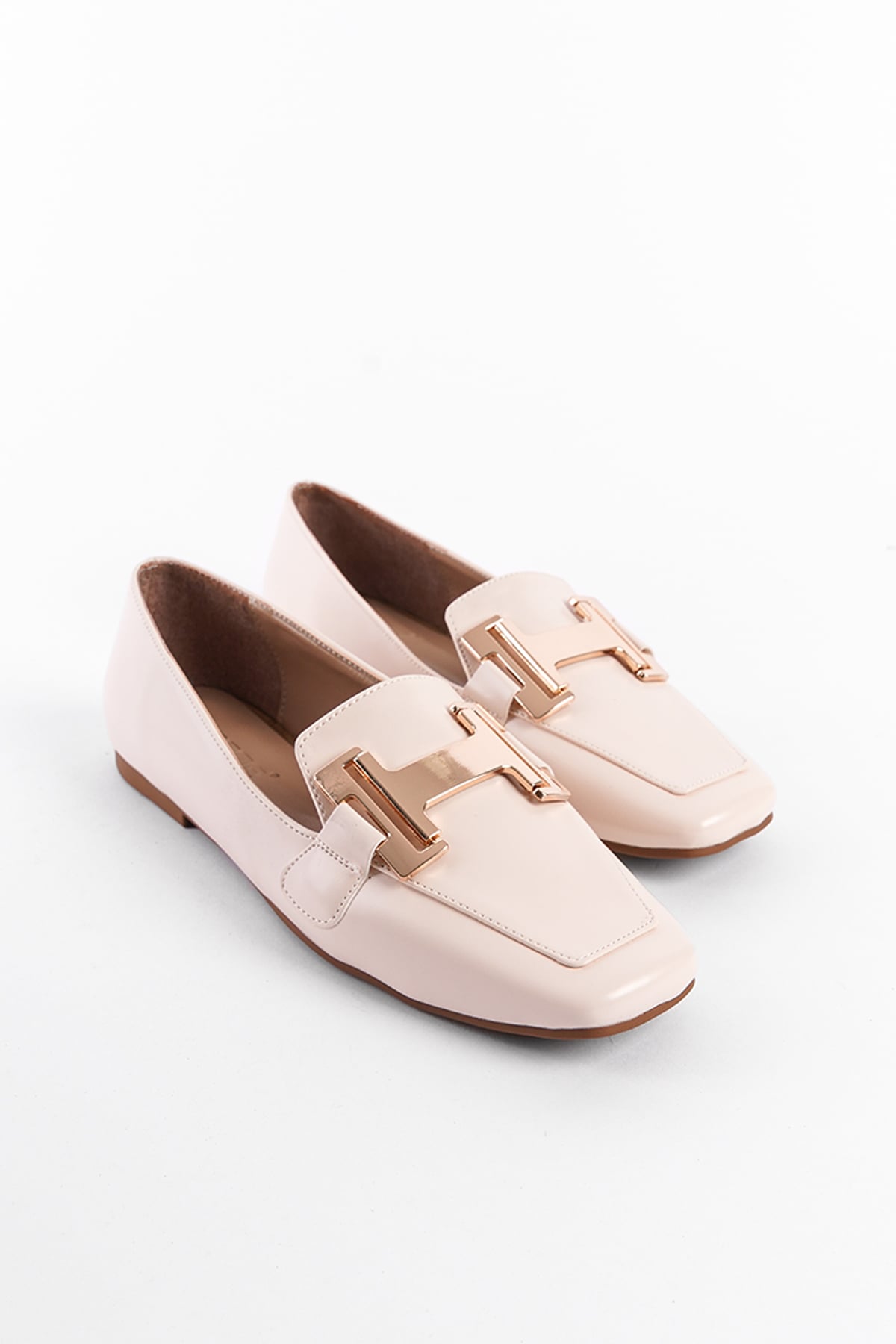 Capone Flat Toe Women Ecru Beige Loafers With Metal Buckle Accessory