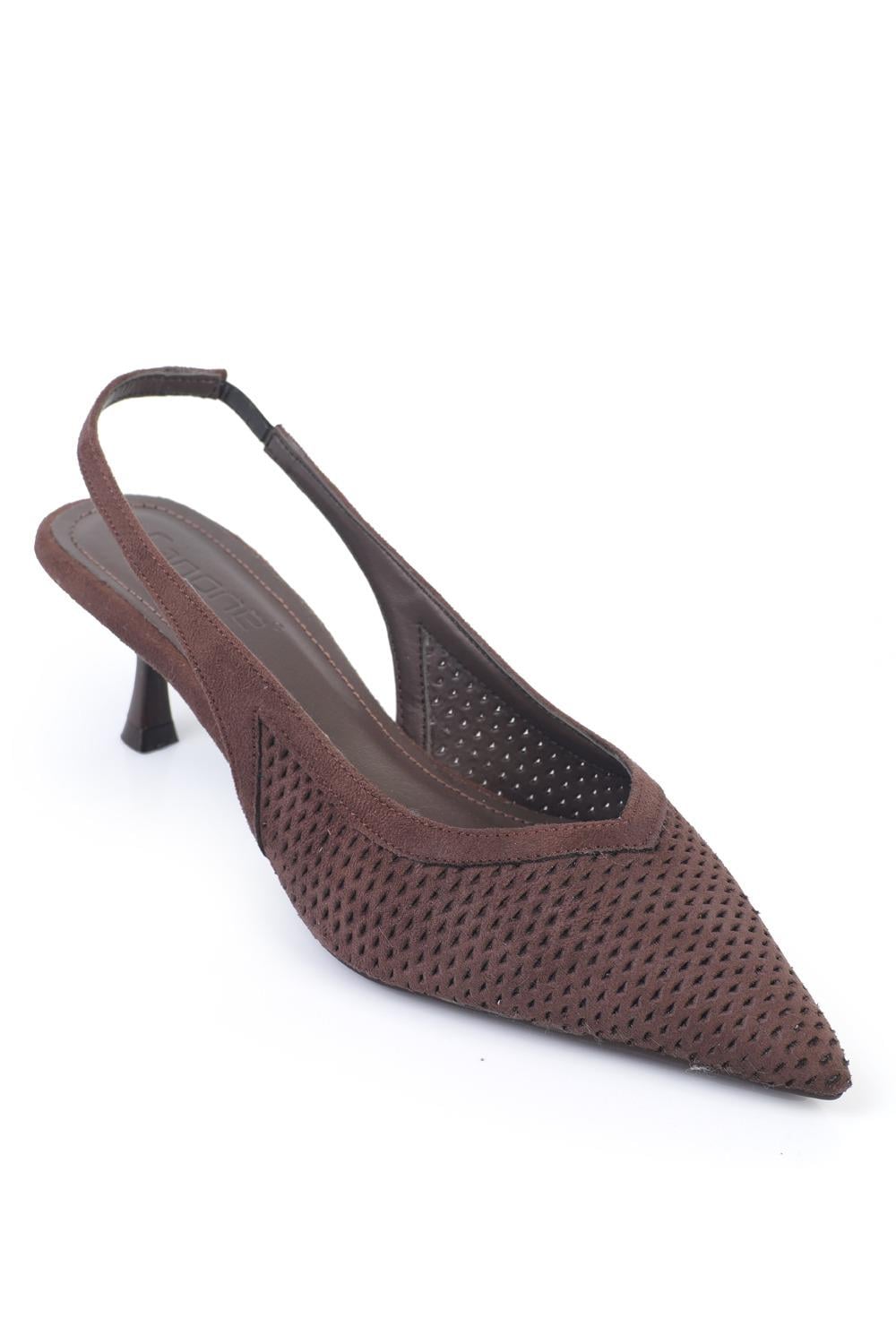Capone Flori Suede Look Pointed Toe Open Back Mid Heel Women Sued Brown Shoe