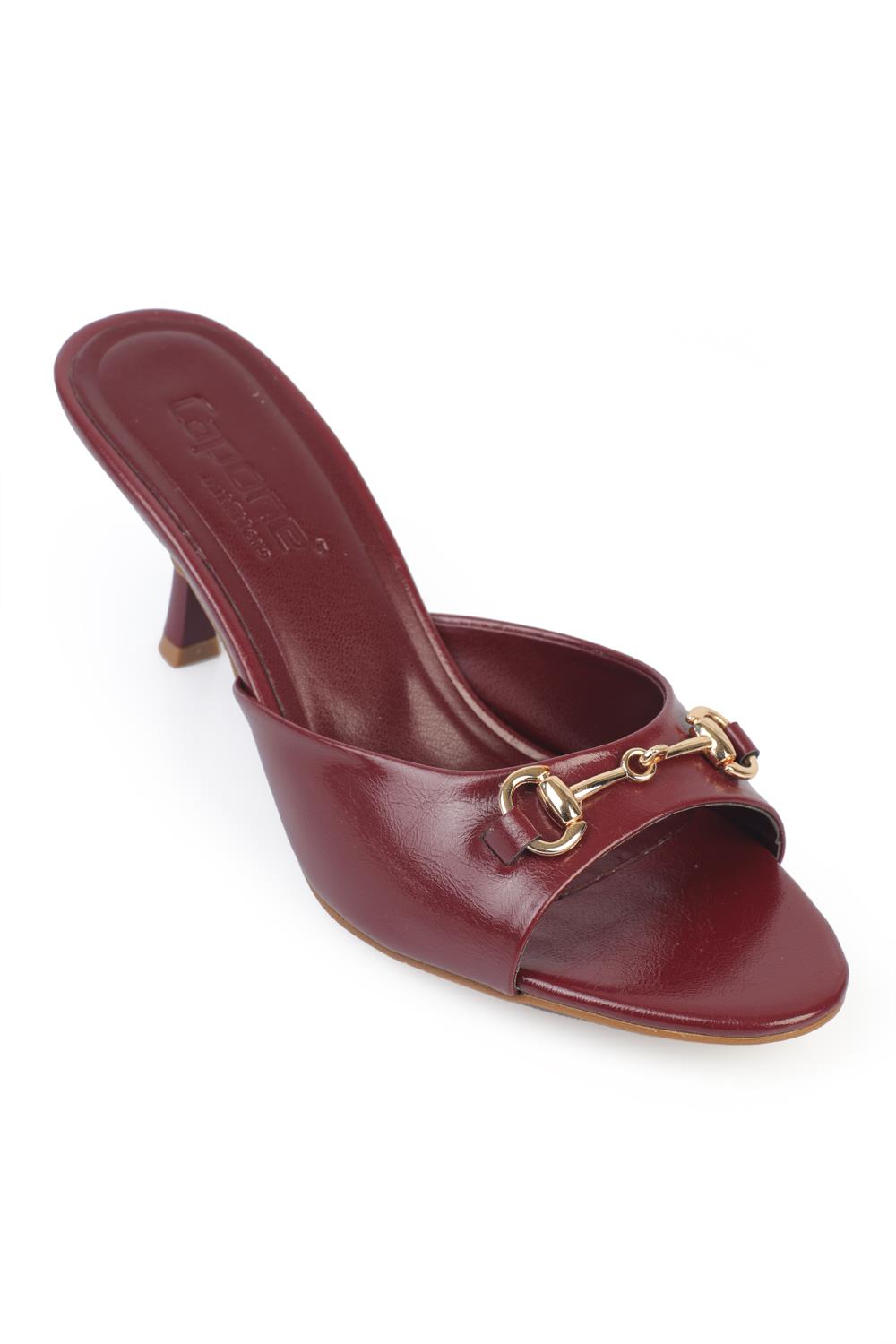 Capone Irena Pointed Toe Metal Buckle Mid Heel Elegant Women Burgundy Sandal