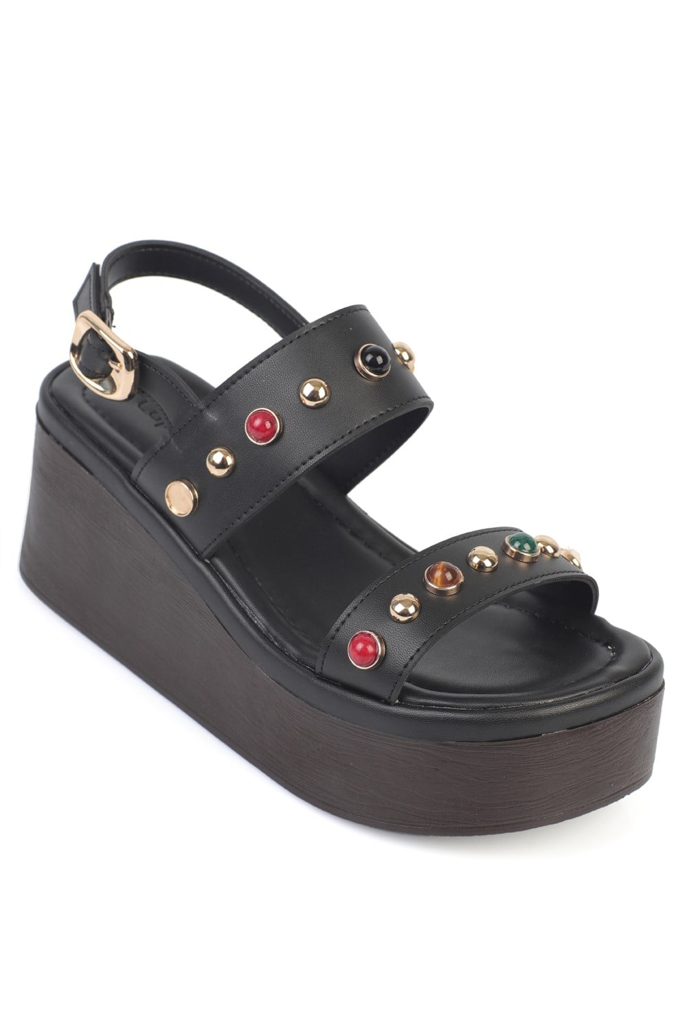 Capone Jennie Wedge Heel Colorful Crystal Embellished Double Band Women Black Sandal